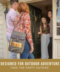 Straight Up Insulated Wine Bag With Matching Cheese Board And Sharp Corkscrew Opener Waxed Canvas Cooler Tote For Two Bottles Pocketed Grab And Go Hauler For Weekend Kickbacks In Khaki Green being carried at a door.