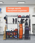 Garage Sports Gear Organizer With Ball Storage Rack And Golf Bag Stand for indoor and outdoor storage in a garage setting.
