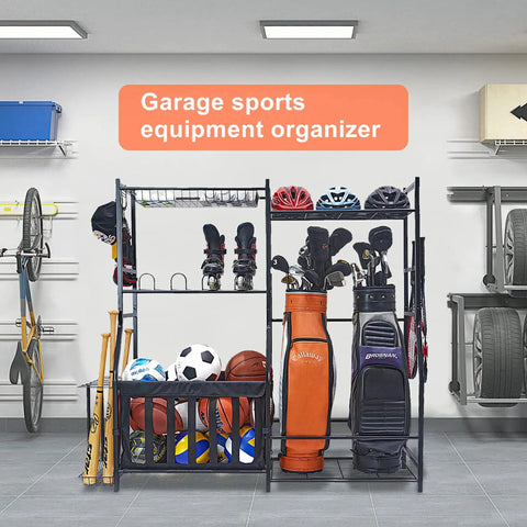 Garage Sports Gear Organizer With Ball Storage Rack And Golf Bag Stand for indoor and outdoor storage in a garage setting.