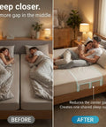 Twin To King Bed Converter Bridge Serving As A Split King Gap Filler With Heavy Duty Straps And Steel Buckles To Lock Two Standard Mattresses Together And Keep Your Sleep Game Strong showing before and after images of a couple sleeping closer together.