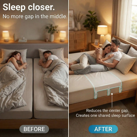 Twin To King Bed Converter Bridge Serving As A Split King Gap Filler With Heavy Duty Straps And Steel Buckles To Lock Two Standard Mattresses Together And Keep Your Sleep Game Strong showing before and after images of a couple sleeping closer together.