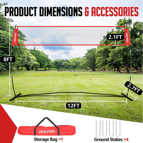 12Ft Volleyball Training Net For Backyard Play with height adjustable frame, shown fully assembled in a grassy outdoor setting.