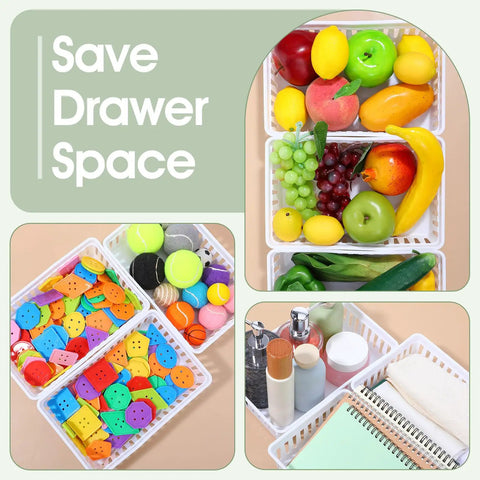 12 Pack Plastic Organizer Baskets White Storage Bins Trays For Desk Home Office Shelves And Craft Room Organization Easy Grab Mess Free Neat And Tidy Large Capacity Stackable Ventilated Mesh filled with colorful items