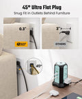 Power Strip Tower Surge Protector With 9 Outlets And 4 USB Ports, 10 Ft Extension Cord behind furniture with ultra flat plug.