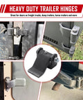 Heavy Duty Weld On Trailer Hinges Greaseable For Dump Truck Beds And Horse Trailers Corrosion Resistant Steel Gate Straps installed on various vehicles.