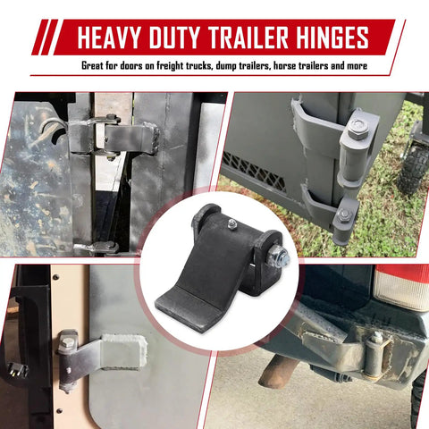 Heavy Duty Weld On Trailer Hinges Greaseable For Dump Truck Beds And Horse Trailers Corrosion Resistant Steel Gate Straps installed on various vehicles.