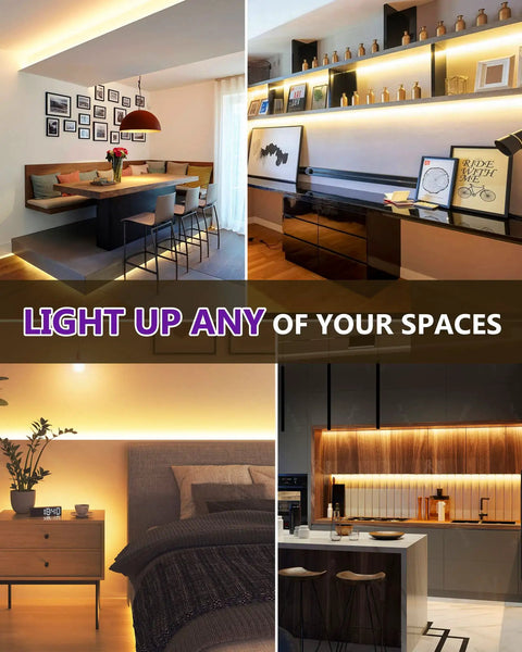 Living space illuminated with Warm White 3000K COB LED Strip Light 16.4ft High Density 2560 LEDs 24V Tape for DIY Install, CRI 90+