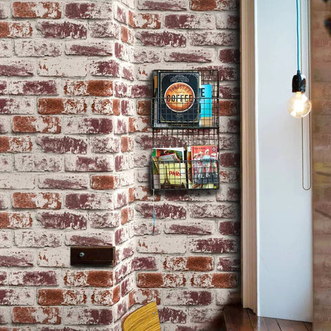 Red Brick Peel And Stick Wallpaper For Walls Waterproof Self Adhesive Removable Faux 3D Brick Backsplash and Accent Covering No Glue Needed Diy Friendly 17.7in W 393in L 48.4 Sq Ft applied to wall corner in living room.