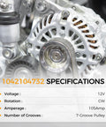 Alternator 105 Amp 12 Volt With CW 7 Groove Pulley Direct Fit Replacement shown in close-up with specifications details.