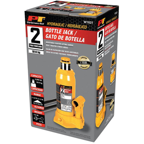 Heavy Duty 2-Ton Hydraulic Bottle Jack With 4,000 Lb Lift Capacity, Adjustable Top Screw, Includes Handle, packaging