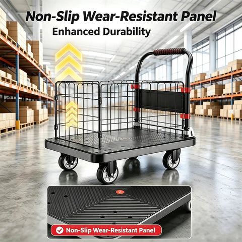 Heavy Duty Push Cart Dolly Platform Truck Flatbed With Foldable Fence And 882 Lb Capacity 5 Inch Silent TPR Wheels Your Warehouse Garage Office Hotel Workhorse For Daily Hauling, non-slip panel view