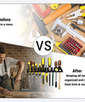 Comparison image showing disorganized tools versus tools neatly stored on a Heavy Duty Screwdriver And Pliers Organizer Wall Mount Rack For Workshop Garage Or Home, Keeps Up To Ten Pliers Or Small Tools Upright For Quick Grab And Easy Access.