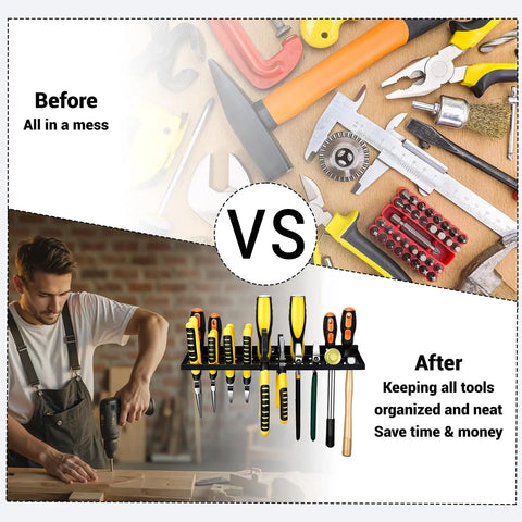 Comparison image showing disorganized tools versus tools neatly stored on a Heavy Duty Screwdriver And Pliers Organizer Wall Mount Rack For Workshop Garage Or Home, Keeps Up To Ten Pliers Or Small Tools Upright For Quick Grab And Easy Access.