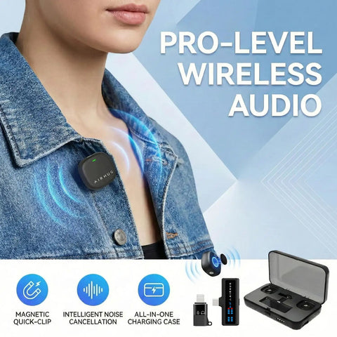 Person wearing Wireless Lavalier Microphone for iPhone Android and PC With 60-Hour Battery 48KHz 24Bit Audio Plug-and-Play Lightning or USB-C 3 Recording Modes AI Noise Cancellation Lapel Mic for Vlog YouTube and Interviews next to charging case