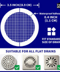 Heavy Duty Disposable Shower Drain Hair Catcher With Extra Tacky Waterproof Mesh To Completely Block Clogged Drains In Bathtubs Showers And Sinks Easy Peasy Peel Down Cover dimensions and application for standard flat drains.