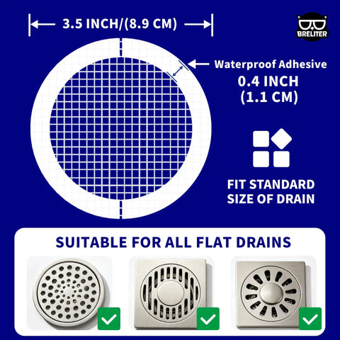 Heavy Duty Disposable Shower Drain Hair Catcher With Extra Tacky Waterproof Mesh To Completely Block Clogged Drains In Bathtubs Showers And Sinks Easy Peasy Peel Down Cover dimensions and application for standard flat drains.