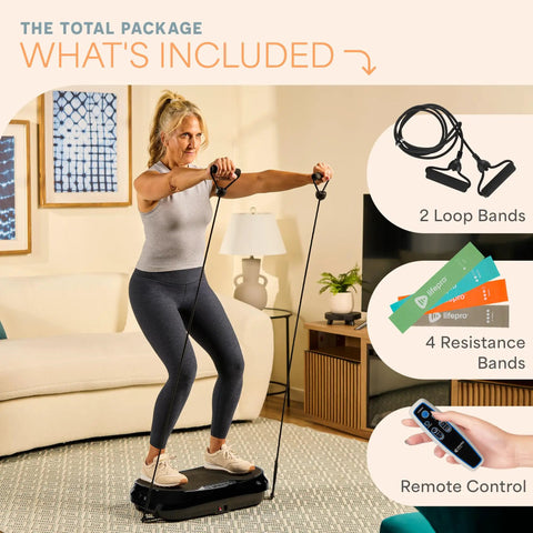 Woman using Waver Mini Vibration Plate for full body toning and lymphatic drainage with remote and bands in home gym