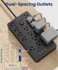Heavy Duty 6 Ft Extension Cord Surge Protector Power Strip With 14 AC Outlets And 6 USB Ports displaying dual-spacing outlets on a wooden desk.