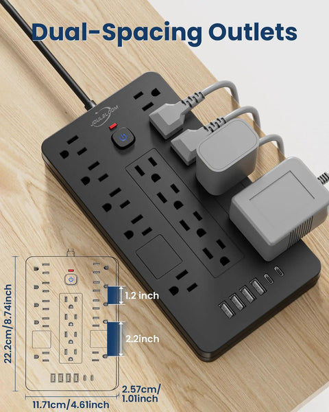 Heavy Duty 6 Ft Extension Cord Surge Protector Power Strip With 14 AC Outlets And 6 USB Ports displaying dual-spacing outlets on a wooden desk.