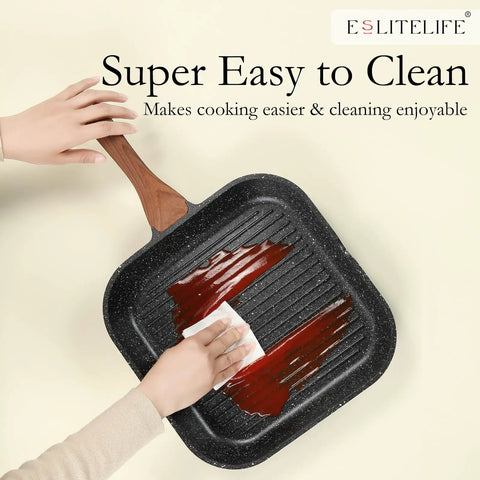 Person cleaning nonstick grill pan with lid and tongs 9.5 inch square skillet, granite coating, showing easy cleanup feature
