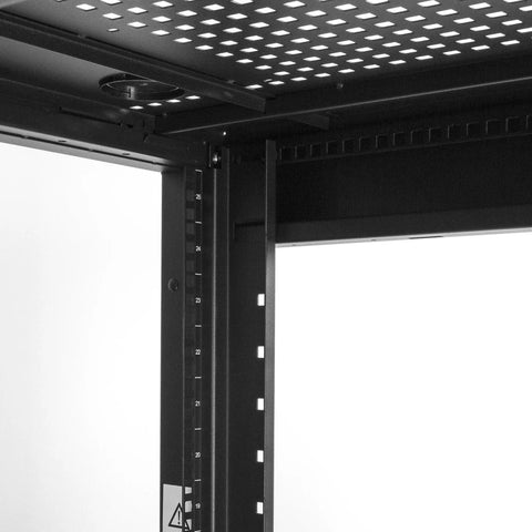 Interior view of Solid As A Rock 25U Server Rack Cabinet with numbered rack units and perforated top for ventilation.