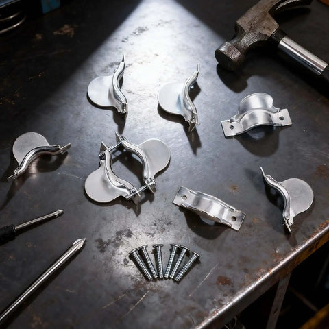 Two Piece Dryer Cord Strain Relief Clamp Kit with screws on workbench for secure electrical connection