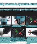 Cordless Rivet Nut Setter Gun With Dual Speed Gears And Rechargeable Battery Includes Seven Quick Swap Die Heads M3 Through M12 For Heavy Duty Auto Trades Plus No Sweat Led Work Illumination Setup operation tutorial steps with buttons and LED indicators.
