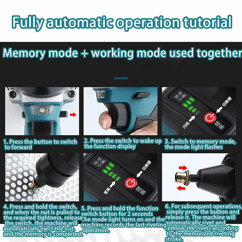 Cordless Rivet Nut Setter Gun With Dual Speed Gears And Rechargeable Battery Includes Seven Quick Swap Die Heads M3 Through M12 For Heavy Duty Auto Trades Plus No Sweat Led Work Illumination Setup operation tutorial steps with buttons and LED indicators.