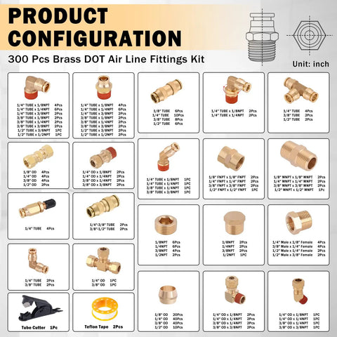 Solid 300 Pc Brass Air Line Fittings Kit With Npt And Push Connectors Featuring Unions Tees Elbows And More For Your Compressor Rig Repair Or Diy Projects. product configuration chart with brass air fittings