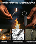 Two Pack Bullet Permanent Match Lighter With Bottle Opener, Glass Breaker, And Keychain shown lighting a fire and breaking glass