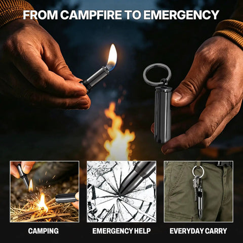 Two Pack Bullet Permanent Match Lighter With Bottle Opener, Glass Breaker, And Keychain shown lighting a fire and breaking glass
