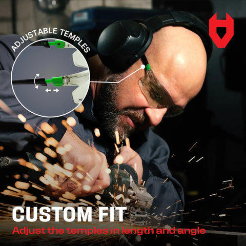 Man wearing Legit Anti Fog Safety Glasses With Scratch Resistant Coating, showcasing adjustable temples while working with sparks.