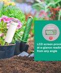 Industrial Grade Digital Soil pH Meter With No-Hassle Calibration-Free LCD Display in potted plant soil with garden tools