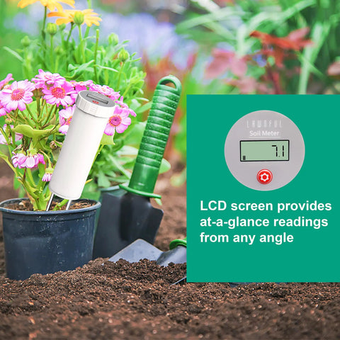 Industrial Grade Digital Soil pH Meter With No-Hassle Calibration-Free LCD Display in potted plant soil with garden tools