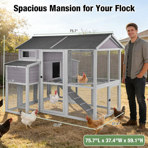 Large Backyard Chicken And Duck Coop With Run For 8 To 10 Birds Wooden Hen House 75.7 Inch Tall With Nesting Box in a yard
