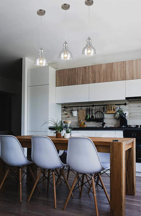 Stylish kitchen with 1 Light Indoor Adjustable Mini Pendant In Brushed Nickel With Hand Blown Seeded Glass Modern Kitchen Island Light