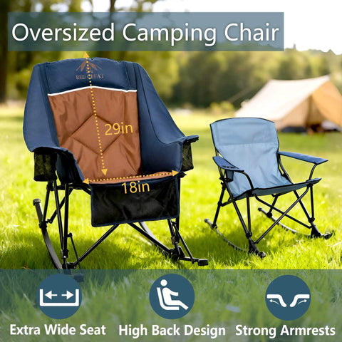 Oversized camping chairs on grass, showcasing Big And Tall Rocking Camping Chair With 400 Lb Capacity next to standard chair.
