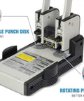 Heavy Duty Two Hole Paper Punch For 100 Sheets Of Paper With Hollow Core Technology And Samurai Steel Heads showing replaceable and rotating punch disks