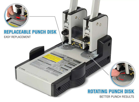 Heavy Duty Two Hole Paper Punch For 100 Sheets Of Paper With Hollow Core Technology And Samurai Steel Heads showing replaceable and rotating punch disks