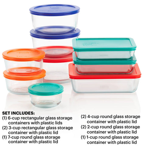 Glass Food Storage Set With Mixed Sizes And Lids, Round And Rectangular Containers, 18-Piece BPA Free, color-coded lids