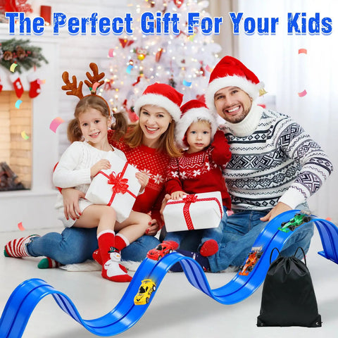 Family in festive attire with 20 Foot Flexible Race Track Toy Kit With Four Race Cars And Suction Cups Rolls Up Portable DIY Anti Gravity Track Set For Kids Blue Ideal For Epic Hills Easy Setup Indoor Or Outdoor Play.