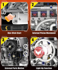 Close-up of Mini V8 Engine Model Kit showing one-click start, piston movement, parts motion, and LED light-up.