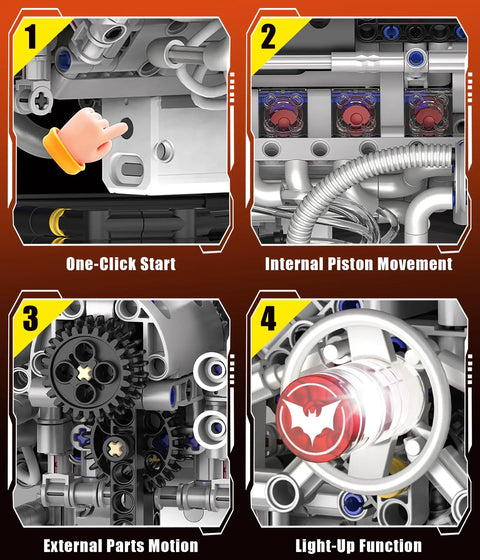 Close-up of Mini V8 Engine Model Kit showing one-click start, piston movement, parts motion, and LED light-up.
