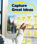Super Sticky Dispenser Notes 3 X 3 In Canary Yellow 12 Pads With 90 Sheets Each, Twice The Stickiness For Office, School, And Home Quick Access Reminders Today. Yellow sticky notes on a glass board for project phases