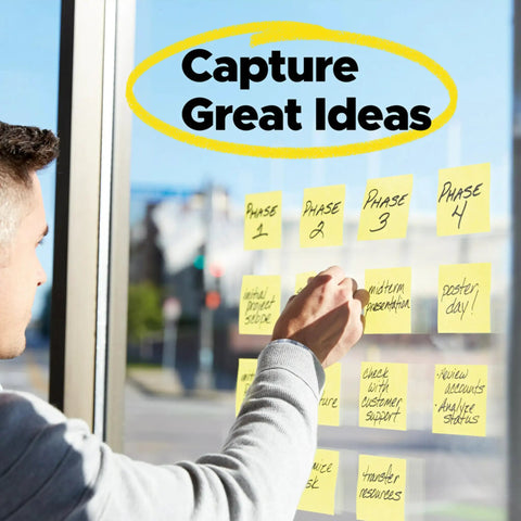 Super Sticky Dispenser Notes 3 X 3 In Canary Yellow 12 Pads With 90 Sheets Each, Twice The Stickiness For Office, School, And Home Quick Access Reminders Today. Yellow sticky notes on a glass board for project phases