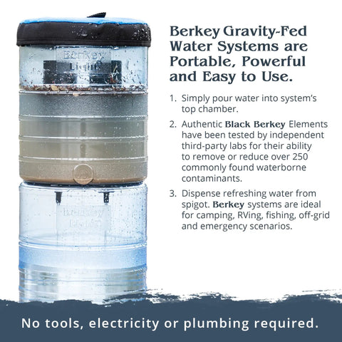 Gravity-Fed Water Filter System With Two High-Capacity Filtration Elements And Deluxe 7-Inch Stainless Steel Water View Spigot, shown.