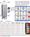 Food Grade Stainless Steel Pressure Tank 300 Liter Vertical Hydro Vessel with detailed specifications and accessories listed.
