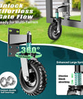 Heavy Duty Eight Inch Spring Loaded Gate Wheel Caster Built Tough For Wood And Metal Fences Featuring Smooth Rollin Design With Seven Hundred Pound Capacity, showing 360° swivel motion and strong spring.