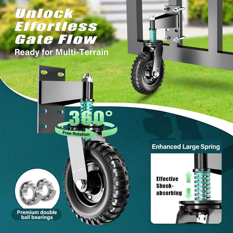 Heavy Duty Eight Inch Spring Loaded Gate Wheel Caster Built Tough For Wood And Metal Fences Featuring Smooth Rollin Design With Seven Hundred Pound Capacity, showing 360° swivel motion and strong spring.