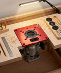 Heavy Duty Aluminum Router Table Insert Plate slides right into your bench, 12x12 inch setup on woodworking table.